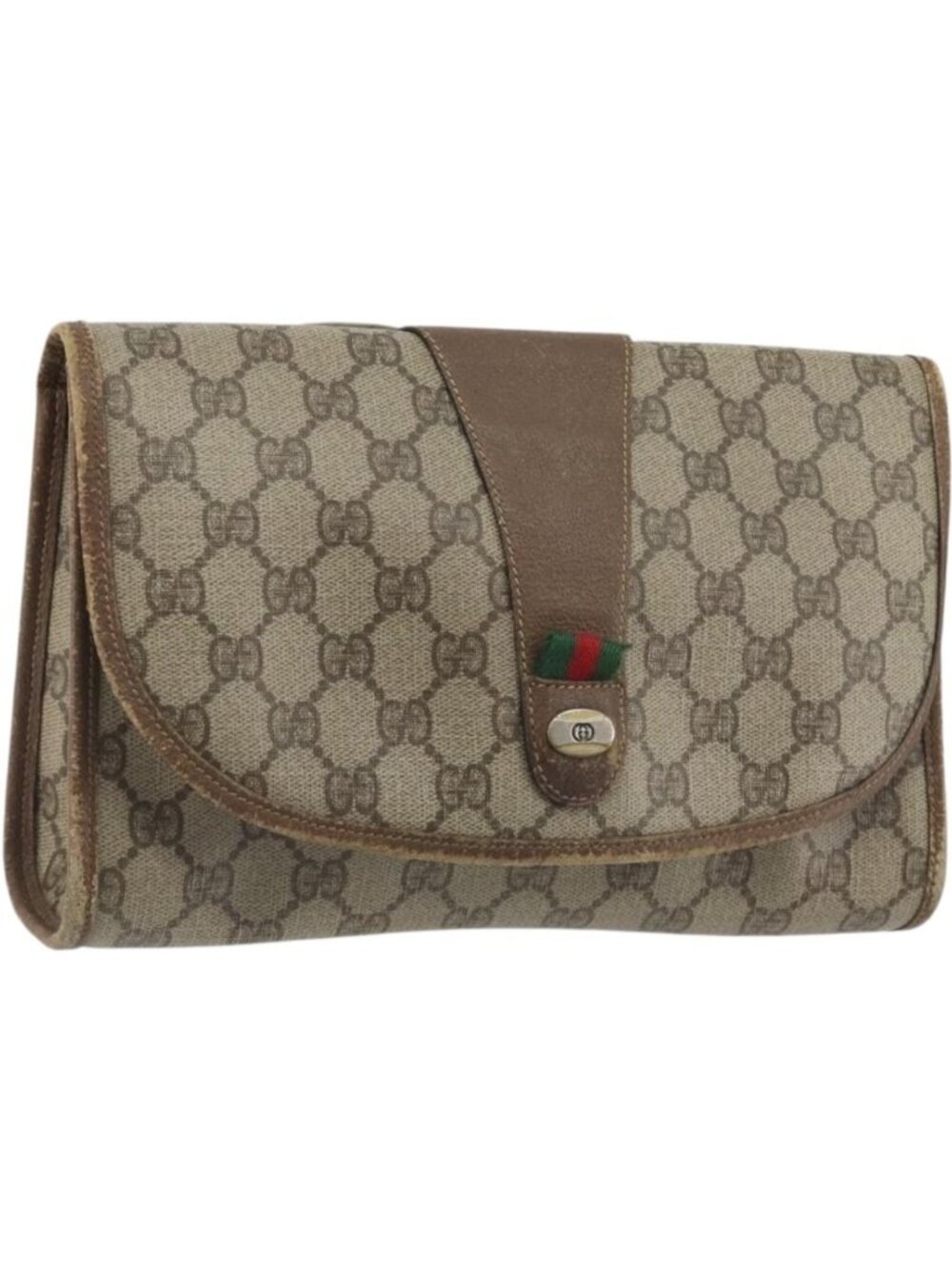 GUCCI GG Supreme Web Sherry Line Clutch Bag PVC Beige Gold Tone